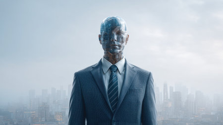 A humanoid robot dressed in a formal suit stands against a futuristic city skyline. This striking image encapsulates the fusion of humanity and advanced technology.の素材