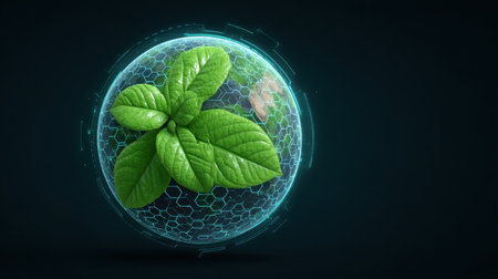 A vibrant green plant is enclosed in a digital sphere, symbolizing the intersection of nature and technology, representing eco-friendly solutions and sustainable growth.の素材