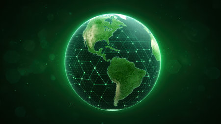 A vibrant digital representation of Earth showcases a green globe with a geometric network overlay. This modern design captures technology and connectivity themes beautifully.の素材