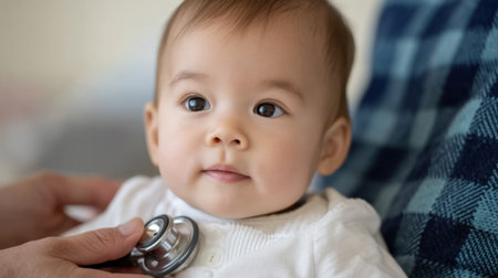 This adorable close-up image captures a baby with a stethoscope, reflecting innocence and curiosity in a warm home environment, perfect for themes of healthcare and family.の素材