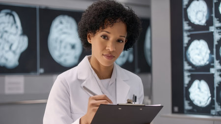 A young female doctor takes notes while analyzing MRI scans in a modern medical facility. Brain images in the background highlight the importance of healthcare and diagnosis.の素材