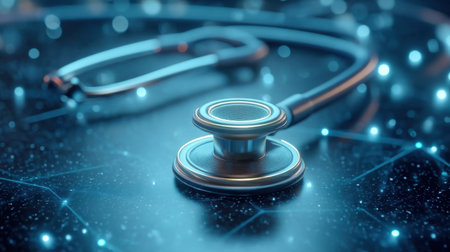 A stylized stethoscope placed on a vibrant digital network background, symbolizing the integration of technology and healthcare practices for improved patient care.の素材