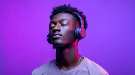 A striking portrait of a young man wearing headphones, immersed in music against a vivid purple background, expressing tranquility and a modern lifestyle.の素材