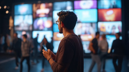 A young man stands in a bustling environment, engrossed in his smartphone against a backdrop of vibrant digital screens, highlighting modern interactions and technology.の素材