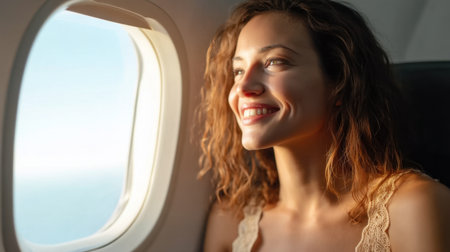 A joyful woman sits in an airplane, gazing out the window with a bright smile. Her expression captures the essence of travel and the excitement of new adventures.の素材