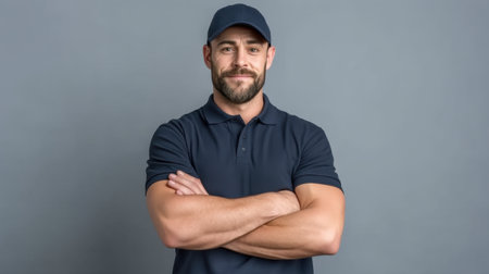 This image features a confident young man with a beard and cap, standing against a gray backdrop. His arms are crossed, reflecting a strong and self-assured demeanor perfect for various uses.の素材