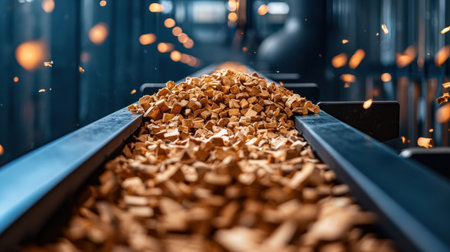 A vibrant view of wood pellets flowing on a conveyor belt in an industrial setting, highlighting the process of bioenergy production and sustainable fuel solutions.の素材