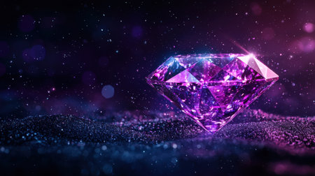 A mesmerizing purple diamond gemstone rests elegantly on a soft, shimmering surface, illuminated by a myriad of sparkling lights against a dark, starry backdrop.の素材