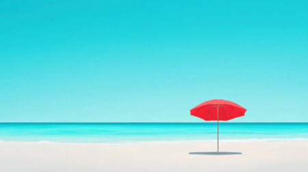 A stunning beach scene featuring a vibrant red umbrella set against a clear blue sky and tranquil ocean. This image captures tranquility and invites relaxation.の素材