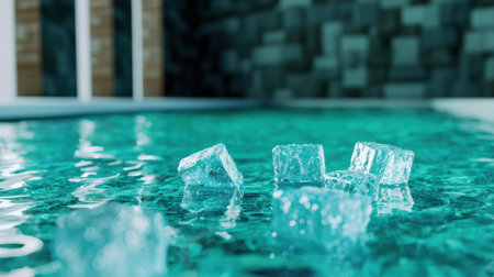 A serene scene featuring ice cubes gently floating on a crystal-clear water surface, perfect for conveying relaxation and tranquility in vacation or leisure contexts.の素材
