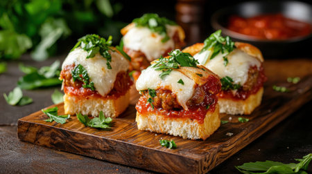 Savory meatball sliders resting on a rustic wooden board, topped with melted cheese and fresh parsley, perfect for any gathering or meal occasion.の素材