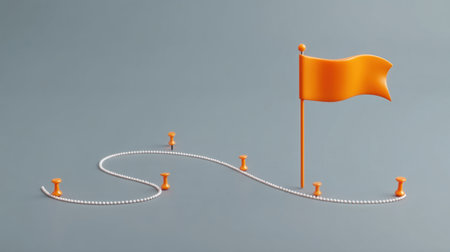 An artistic representation featuring an orange flag marking a pathway defined by pins and beads, symbolizing the journey towards success and achievement.の素材