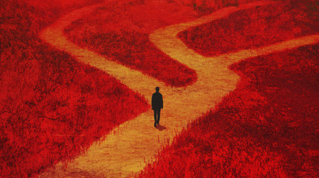 A lone figure walking down a path that splits into multiple directions, each route representing different life choices and aspirations.の素材