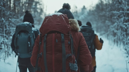 A group of friends on a snowy adventure, hiking through a forest with backpacks, enjoying the winter sceneryの素材