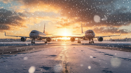 A snow-covered airport runway with planes ready for takeoff, carrying travelers to winter destinations around the world.の素材