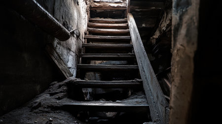 Dark and eerie basement of an abandoned industrial building, little light filtering in, showing a wooden staircase leading to unknown depthsの素材