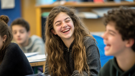 Group of teens, boys and girls, sitting in class, learning and laughing together, capturing the essence of education and friendship.の素材