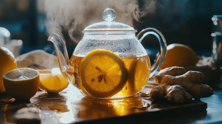 Hot ginger tea in a glass teapot with lemon slices and honey, creating a soothing and warm winter drink.の素材