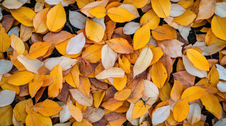 Golden autumn leaves falling gently from the trees, creating a warm and colorful carpet on the ground, perfect for a seasonal sceneの素材
