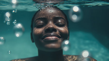 Happy black woman swimming gracefully underwater in a pool, enjoying her holiday with laughter and joy, surrounded by bubbles.の素材