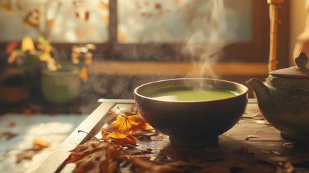Steaming matcha tea in a traditional bowl, surrounded by autumn leaves and warm lighting, perfect for an autumn afternoonの素材