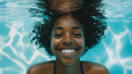 Smiling black woman underwater in a public pool, capturing the beauty and freedom of swimming, a moment of relaxation and fun.の素材