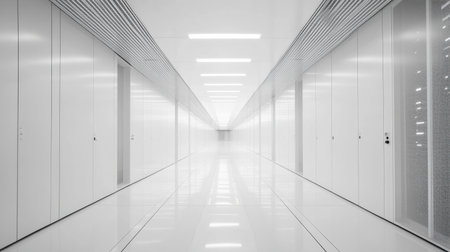 High-tech data center with white walls and floors, rows of sleek server racks, modern and minimalist, clean technology space.の素材