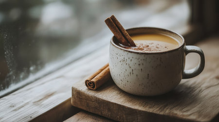 Warm chai tea latte with spices and a cinnamon stick, served in a stylish ceramic mug on a cold dayの素材