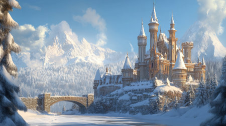 Snowy castle in the distance as travelers approach, a magical winter destination for history and culture enthusiasts.の素材