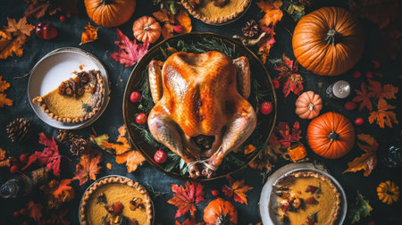 Thanksgiving dinner setup with roasted turkey, pumpkin pie, and autumn-themed decor, creating a warm and inviting setting.の素材