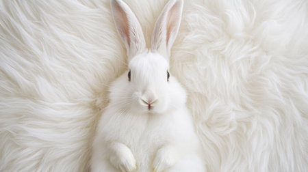 Soft and fluffy white fur background, top view bunny design template with ample copy space, perfect for product mockups and natural texturesの素材
