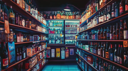 Interior of a well-stocked liquor store, with fictitious bottle labels on the shelves, creating a clean and vibrant atmosphere for shoppers.の素材