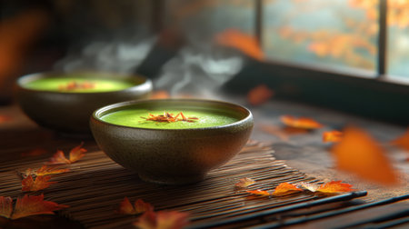 Steaming matcha tea in a traditional bowl, surrounded by autumn leaves and warm lighting, perfect for an autumn afternoonの素材
