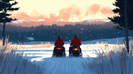 Travelers on a snowmobile adventure, exploring snowy fields and forests in the winter wilderness.の素材