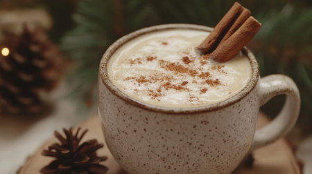 Warm chai tea latte with spices and a cinnamon stick, served in a stylish ceramic mug on a cold dayの素材