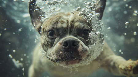 Underwater shot of a dog diving into the water, bubbles rising around its playful face, the moment filled with energy and excitement.の素材