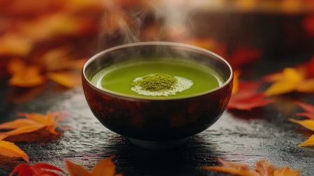Steaming matcha tea in a traditional bowl, surrounded by autumn leaves and warm lighting, perfect for an autumn afternoonの素材