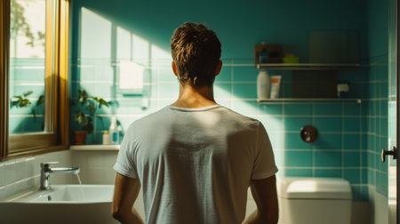 A man turning off the water in a modern bathroom, focusing on saving water to reduce waste and conserve energy, celebrating World Environment Dayの素材