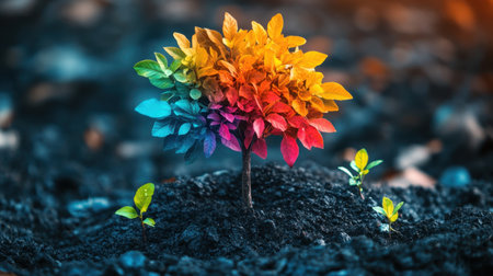 A vibrant tree in a carbon offset program, surrounded by saplings, illustrates the impact of community efforts toward sustainable growth and environmental health.の素材