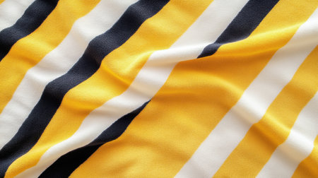 Top-down view of a striped beach towel on golden sand, ready for a day at the beach. Space for text, perfect for summer vacation themesの素材