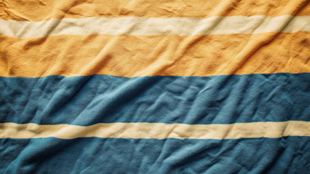 Top-down view of a striped beach towel on golden sand, ready for a day at the beach. Space for text, perfect for summer vacation themesの素材