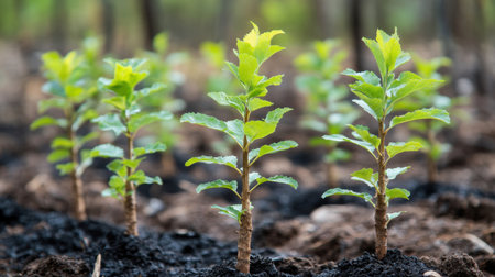 Young trees flourish together in a carbon offset program, showcasing how collective efforts promote sustainable growth and enhance environmental restoration.の素材