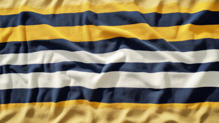 Top-down view of a striped beach towel on golden sand, ready for a day at the beach. Space for text, perfect for summer vacation themesの素材