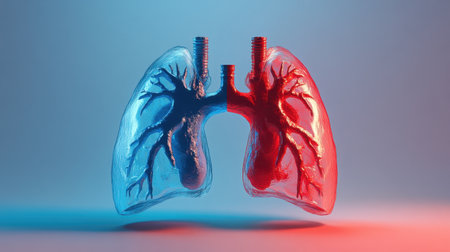 3D visualization of lungs highlighting the impact of pulmonary diseases, with a contrasting red and blue background to represent health and illnessの素材