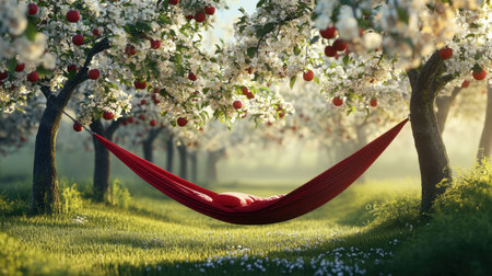 A beautiful landscape of a spring garden with a red hammock under blossoming apple trees, creating a serene atmosphere for relaxationの素材