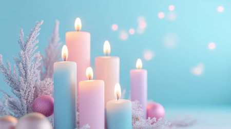 A 3D render of Christmas candles with soft pastel-colored flames, set against a pastel blue background, creating a festive and delicate holiday sceneの素材