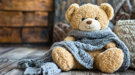 A charming teddy bear sitting with a soft cloth draped over its lap, positioned in a cozy, inviting roomの素材