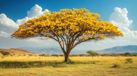 A beautiful acacia tree in bloom, with clusters of bright yellow flowers creating a picturesque scene of natural beautyの素材