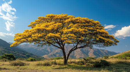 A beautiful acacia tree in bloom, with clusters of bright yellow flowers creating a picturesque scene of natural beautyの素材