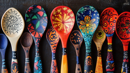 A collection of hand-painted wooden spoons, displayed together, showcasing vibrant colors and intricate designs on natural wood surfacesの素材